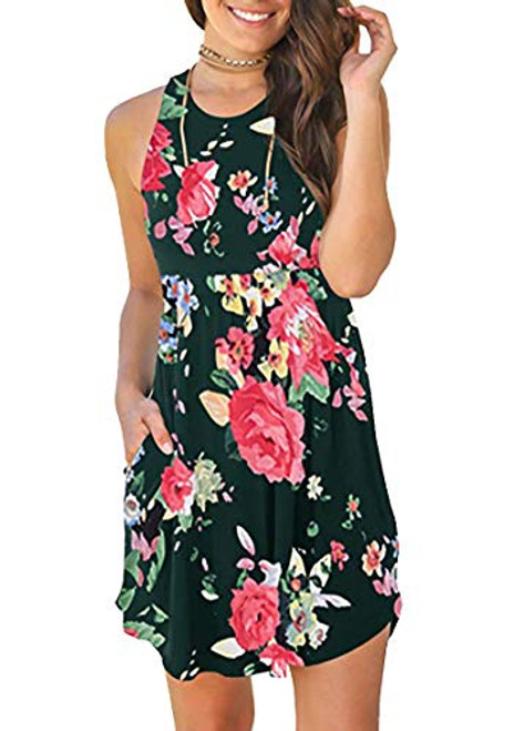 YMING Ladies Casual Loose Dress Floral Print Mini Dress Sleeveless Short Dress Green S YMING Ladies Casual Loose Dress Floral Print Mini Dress Sleeveless Short Dress Green S
