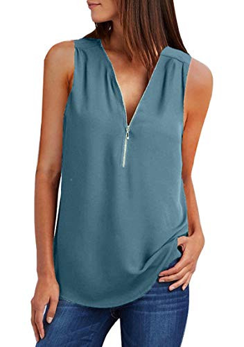 YMING Women s Casual Blouse Chiffon V Neck Shirt Zipper Loose Blouse Light Blue 2XL