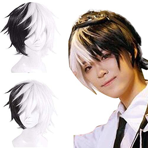 Ebingoo Wig Black And White Cosplay Wig Short Natural Wavy Wig With Bangs Synthetic Wig Hair For Costume Halloween movies for men Ebingoo Wig Black And White Cosplay Wig Short Natural Wavy Wig With Bangs Synthetic Wig Hair For Costume Halloween movies for men
