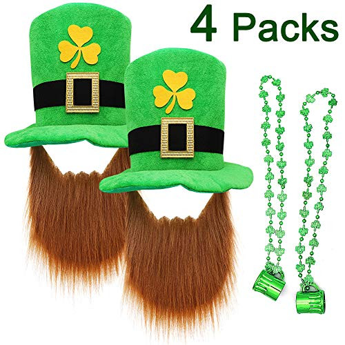 St. Patrick's Day Decorations, ZALALOVA 2 Pcs Saint Patrick Party Favors Supplies Shamrock Top Hat Saint Patrick's Props for Saint Patrick Irish Accessories- Lucky Leprechaun Hat with Beard and 2 Pcs Green Beads Necklace