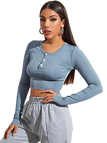 MakeMeChic Womens Solid Button Half Placket Ribbed Long Sleeve Fitted Crop Tee Top Blue XS