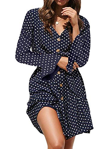 MISSLOOK Womens Polka Dot Button Down Dress Boho V Neck Long Sleeve Shift Dress Ruffle Mini Dresses with Belt Navy Large