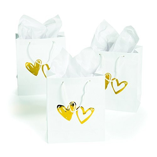 White Gift Bags with Gold Foil Hearts - 1 dozen - Wedding - Present - Gift Bag