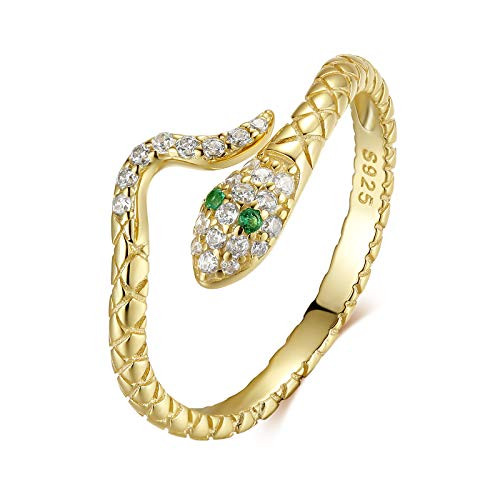 Presentski Snake Adjustable Open Ring 925 Sterling Silver Vintage Retro Gold Ring with Cubic Zirconia Gold Snake Ring for Women Girls