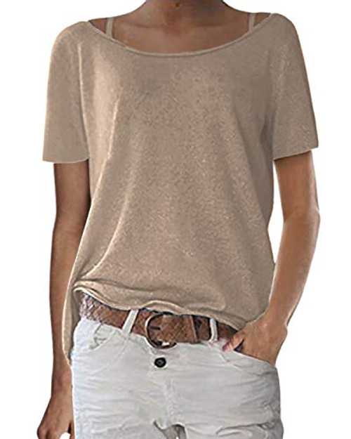 ZANZEA Womens Solid O Neck Short Sleeve T Shirt Casual Knit Tops Blouse Pullover Beige XL