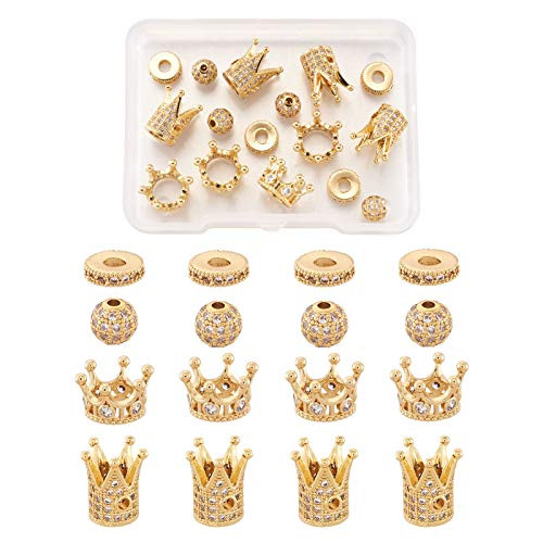 Beadthoven 16pcs Cubic Zirconia Crown Beads Mixed Golden Micro Pave King Crown Bracelet Connector Charm Spacer CZ Stone Beads for DIY Jewelry Making