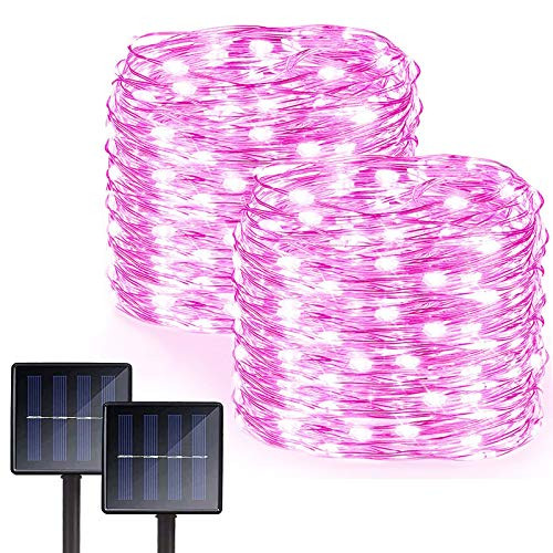 2 Pack 100 LED Solar String Lights Outdoor 8 Modes Fairy Lights 33FT Waterproof Solar Powered String Lights Solar Copper Tree Lights Led String Lights for Garden Patio Bedroom Party  Pink