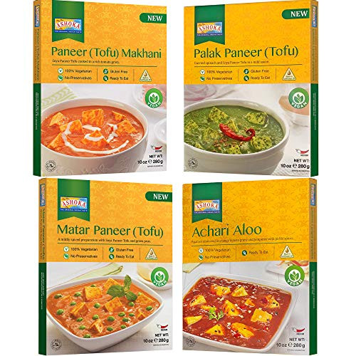 Ashoka - 100 percent Vegan Combo  Paneer Tofu Makhani Matar Paneer Tofu Palak Paneer Tofu Achari Aloo  4 PACK RTE Tofu Meals