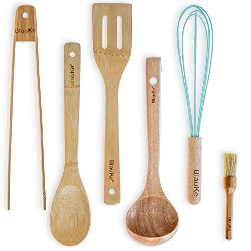 BlauKe Wooden Cooking Utensils Set  6-Piece Kitchen Utensils Set for Non Stick Cookware  Wooden Spatulas Bamboo Cooking Spoon Tongs Ladle Whisk Brush   Bamboo Cooking Utensils Set for Kitchen