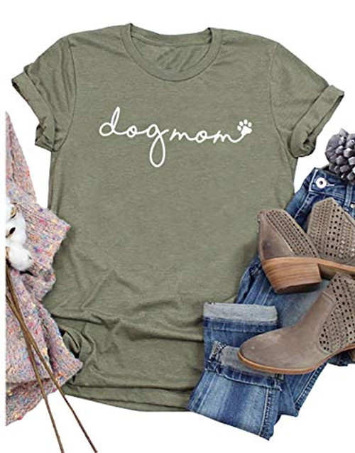 Dog Mom T-Shirt Women Funny Mama O-Neck Graphic Tees Casual Loose Short Sleeve Tops Dog Lover Gift Blouse  Olive Green S