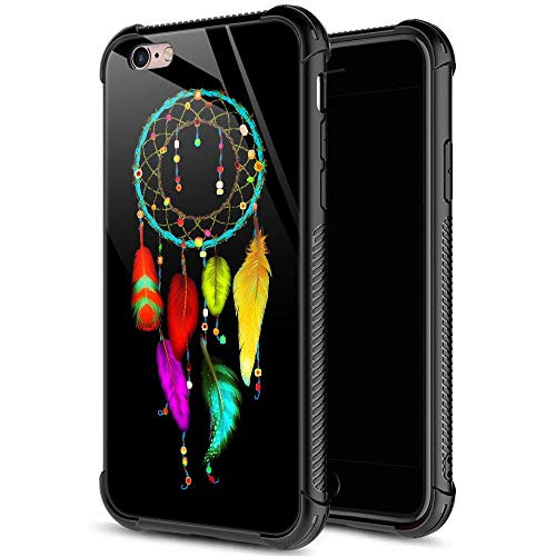 iPhone 6s Plus Case9H Tempered Glass iPhone 6 Plus Cases for Girls WomensColorful Feathers Pattern Design Shockproof Anti-Scratch Case for Apple iPhone 6 6s Plus 5.5 inch Dream Catcher