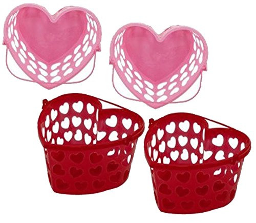 Perfect Party Red  and  Pink Heart Shaped Favor Container Buckets Featuring Cutout Heart Shaped Sides  and  Plastic Handles
