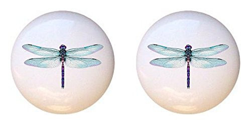 SET OF 2 KNOBS - Aquamarine Dragonfly - Dragonflies in Color - DECORATIVE Glossy CERAMIC Cupboard Cabinet PULLS Dresser Drawer KNOBS
