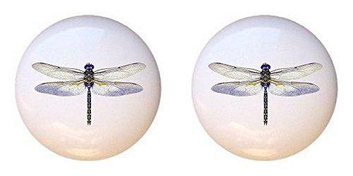 SET OF 2 KNOBS - Purple Grape Dragonfly - Dragonflies in Color - DECORATIVE Glossy CERAMIC Cupboard Cabinet PULLS Dresser Drawer KNOBS