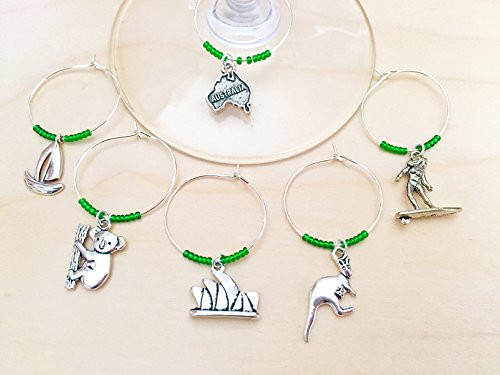 Australia Wine Charms Includes  inchAustralia Sydney Opera House Koala Kangaroo Surfer girl and Sailboat. Gift for Australians and those who love Oz . Wine Charms Set of 6.