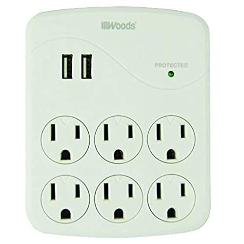 Woods 41079 Surge Protector with 6 Outlets and 2 USB Type A Ports with 1000J of Protection White