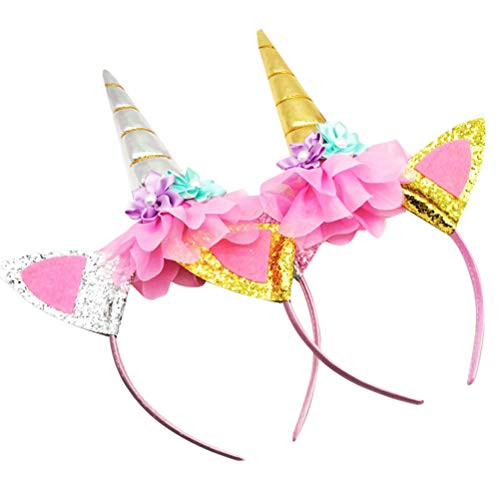 FENICAL 2pcs Unicorn Horn Ears Flower Headband Bowknot Hair Hoop Cosplay Costume Headdress Photo Props Headpiece for Party