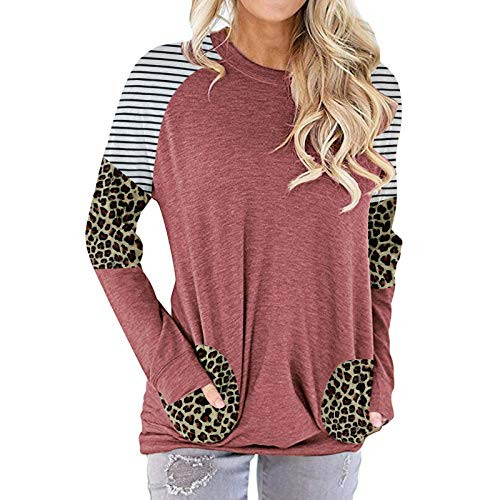 POTO Womens Shirts Long Sleeve Stripe Leopard Pullover Tops Crewneck Casual Tunic Blouse Sweatshirts with Pockets