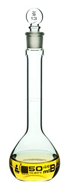 Volumetric Flask 50ml - Class B ASTM - Tolerance ±0.100 ml - Glass Stopper - Single White Graduation - Eisco Labs
