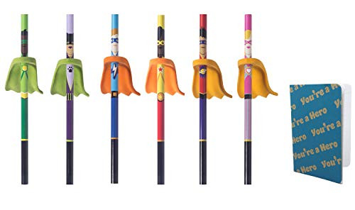 Pencil Heroes Multi-Pack with Notebook  Three 2-packs of 2 superhero pencils with eraser cape plus mini notebook. Perfect for stocking stuffer Christmas birthday parties schools theme events