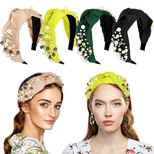 4 Pieces Wide Pearl Headbands Knotted Headbands Elastic Hair Hoops Knot Turban Headband Vintage Bling Hairband Twisted Headwear Faux Pearl Fashion Hair Accessories for Women and Girls 4 Pieces Wide Pearl Headbands Knotted Headbands Elastic Hair Hoops Knot Turban Headband Vintage Bling Hairband Twisted Headwear Faux Pearl Fashion Hair Accessories for Women and Girls