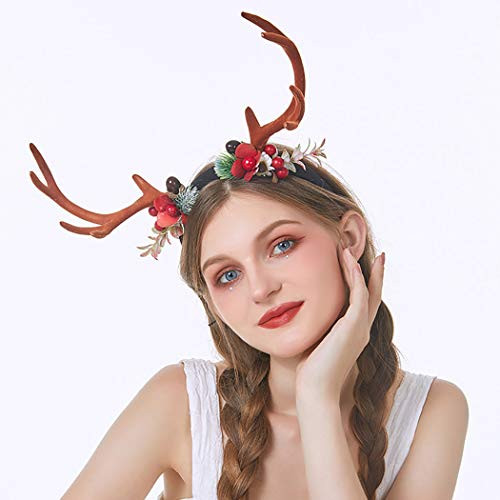 Cagora Christmas Headbands Large Reindeer Antlers Headband Antler Xmas Hair Hoop Flower Headpiece Deer Berries Headdress Decoration Holiday Costume Headwear Christmas Hair Accessories for Women and Girls