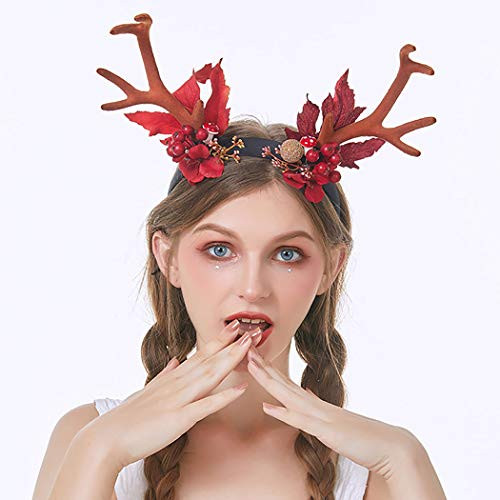 Cagora Christmas Headbands Large Reindeer Antlers Headband Antlers Xmas Hair Hoop Flower Headpiece Deer Berries Headdress Decoration Holiday Costume Headwear Christmas Hair Accessories for Women and Girls