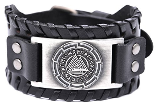 EUEAVAN Norse Viking Valknut 24 Amulet Runes Braided Wide Talisman Leather Wristband Bracelet Antique SilverBlack EUEAVAN Norse Viking Valknut 24 Amulet Runes Braided Wide Talisman Leather Wristband Bracelet Antique SilverBlack