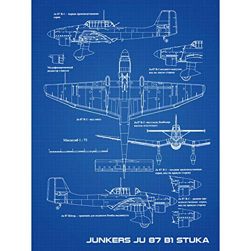 Junkers Ju 87 B1 Stuka Aircraft Plane Blueprint Plan Large Wall Art Poster Print Thick Paper 18X24 Inch
