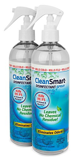 CleanSmart Disinfectant Spray Mist Kills 99.9% of Viruses, Bacteria, Germs, Mold, Fungus. Leaves No Chemical Residue! 16oz. 2Pk. Great to Clean and Sanitize CPAP Masks, Parts & Air Dry.
