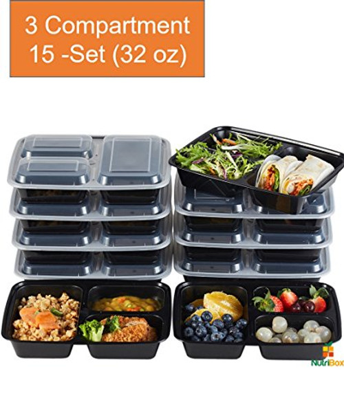 Nutribox 15 pack 32oz - three 3 compartment Plastic Food storage Containers with lids - BPA Free Reusable Lunch bento Box - Meal Prep Containers, Leak Proof Microwave, Dishwasher and Freezer Safe Nutribox 15 pack 32oz - three 3 compartment Plastic Food storage Containers with lids - BPA Free Reusable Lunch bento Box - Meal Prep Containers, Leak Proof Microwave, Dishwasher and Freezer Safe
