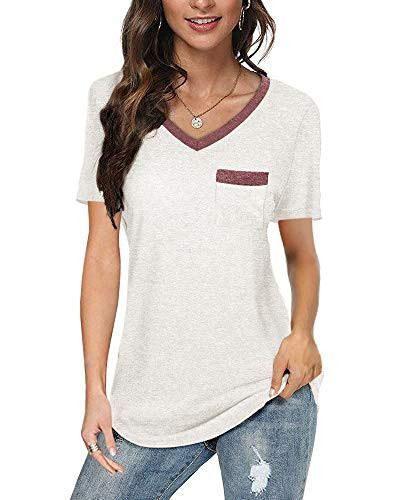 Womens V Neck Short Sleeve Tops Basic Loose Casual Pocket Tee T-Shirts White