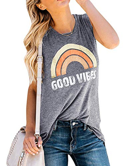 IRISGOD Womens Tank Tops Graphic Tees Good Vibes Loose Fit Sleeveless Crew Neck T Shirts Tops Light Gray IRISGOD Womens Tank Tops Graphic Tees Good Vibes Loose Fit Sleeveless Crew Neck T Shirts Tops Light Gray