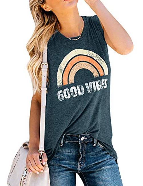 IRISGOD Womens Tank Tops Graphic Tees Good Vibes Loose Fit Sleeveless Crew Neck T Shirts Tops Green IRISGOD Womens Tank Tops Graphic Tees Good Vibes Loose Fit Sleeveless Crew Neck T Shirts Tops Green