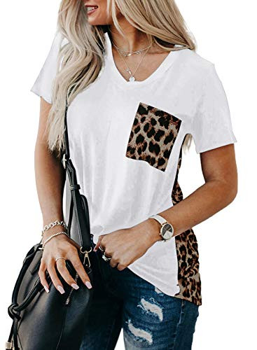 Aleumdr Womens T Shirt Leopard Print Tops Short Sleeve Casual V Neck Blouse White XX-Large 18 20