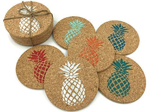 Colorful Pineapple Beach Bar Cork Coaster Set 6