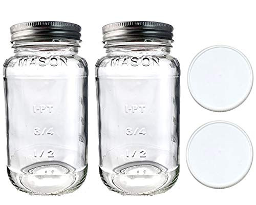 Mason Jars 24oz - Regular Mouth Mason Storage Jars with Lids  set of 2  Made in the USA - Mason Jars with Plastic Mason Jar Lids  24 ounce white