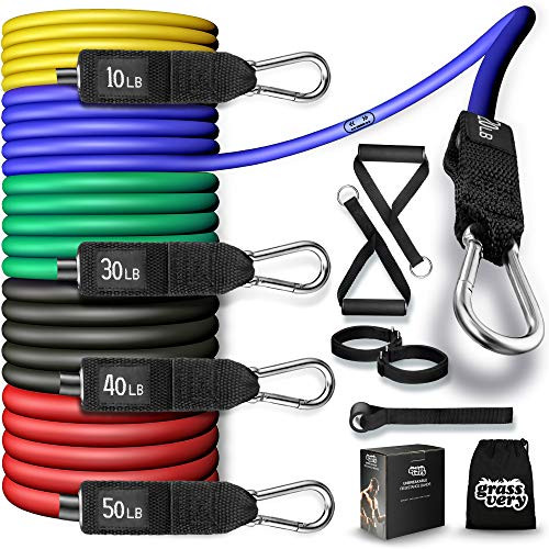 GRASSVERY Exercise Resistance Bands Set with Handles - 5pc Fitness Workout Bands for Home Strength Training Stretching Gym Exercise - Training Tubes with Large Handles and Door Anchor  Standard
