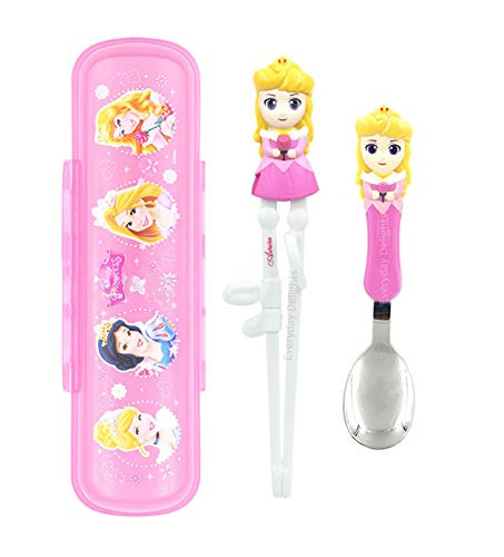 Disney Princess Aurora Spoon Training Chopsticks Flatware Utensil Cutlery Dinnerware Tableware Set with Case 3 pieces
