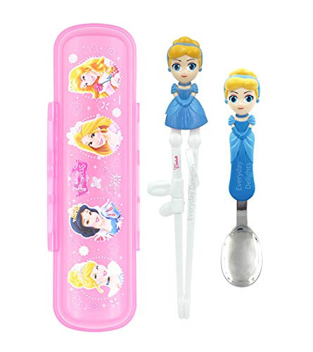 Disney Princess Cinderella Spoon Training Chopsticks Flatware Utensil Cutlery Dinnerware Tableware Set with Case 3 pieces