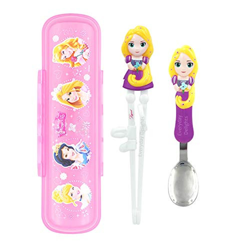 Disney Princess Rapunzel Spoon Training Chopsticks Flatware Utensil Cutlery Dinnerware Tableware Set with Case 3 pieces