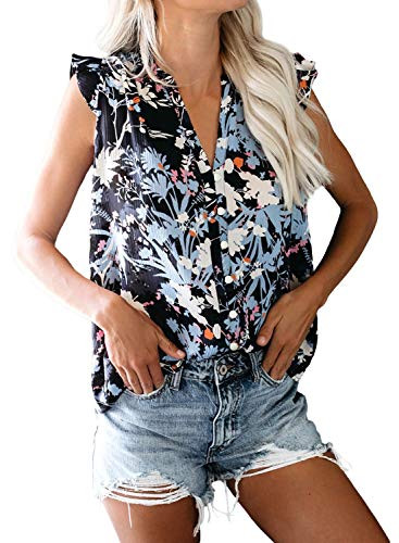 Eytino Women Boho Floral Print V Neck Tank Tops Loose Casual Ruffle Sleeveless Shirts BlousesLarge Blue