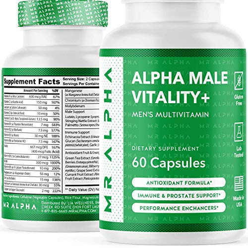 Alpha Male Vitality Plus  Daily Multi Vitamins for Men Vitamins A C D E B1 B2 B3 B6 B12 Biotin Echinacea Green Tea Mens Energy Booster Immune Support Supplement 60 Capsules - Made in USA