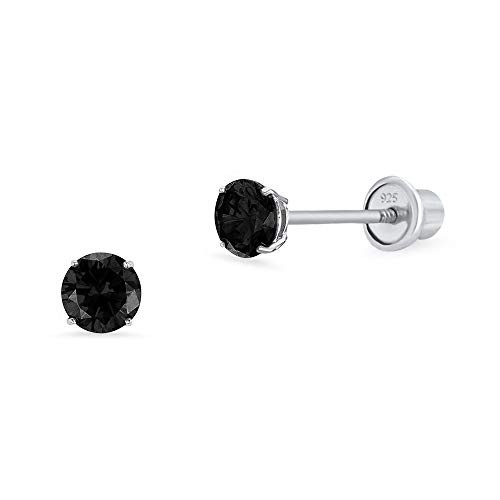 925 Sterling Silver Rhodium Plated 3mm Black Cubic Zirconia Stud Screwback Baby Girls Earrings