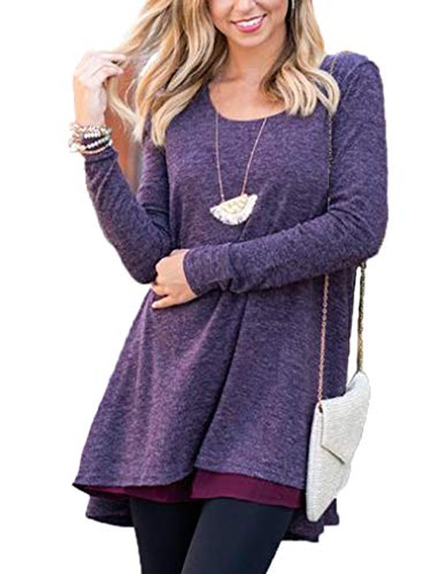 Womens Casual Solid Color Long Sleeve Blouse Shirts Flowy Chiffon Hem Tunic Tops  XL Purple