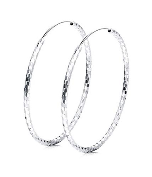 Sllaiss 925 Sterling Silver Endless Large Hoop Earrings for Women Round Diamond-Cut Hoop Earrings Hypoallergenic