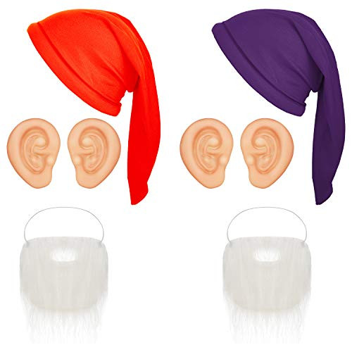 6 Pieces Thanksgiving Dwarf Costumes Set Gnome Costumes Kit Dwarf Costume Hats with Fake Beard Jumbo Fake Ears for Thanksgiving Fairy Tale Costumes Party Adults Kids