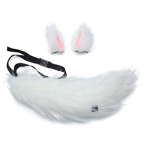 La Carrie Faux Fur Animal Fox Wolf Cat Ears Headband Tail Clip Cute Furry Costume Set Dress Up Halloween Party Cosplay White