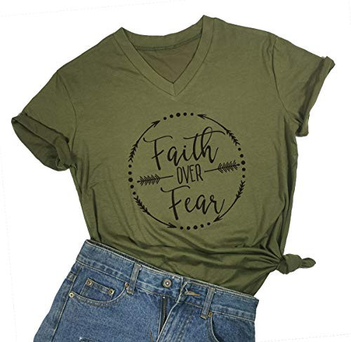 Faith Over Fear Arrow Letters Print T Shirt Women Short Sleeve V Nece Christian Tops Tee Blouse Large Army Green Faith Over Fear Arrow Letters Print T Shirt Women Short Sleeve V Nece Christian Tops Tee Blouse Large Army Green