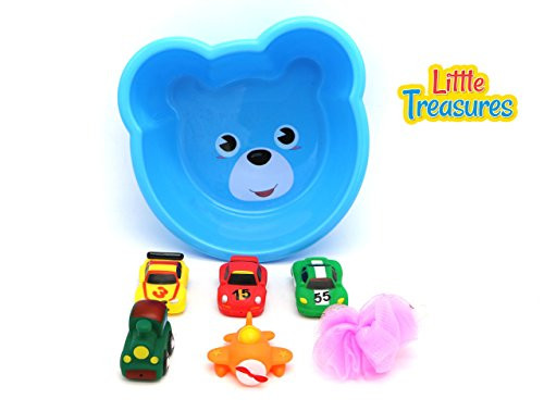 Little Treasures Super Fun Bath Toys - Toddler Sized Bathtub Bowl with 5 Squirting bath Toy Vehicles